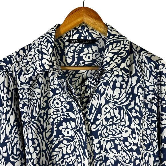 ZARA Blue White Abstract Floral Button Down Shirt Womens L European Coastal - Picture 3 of 6